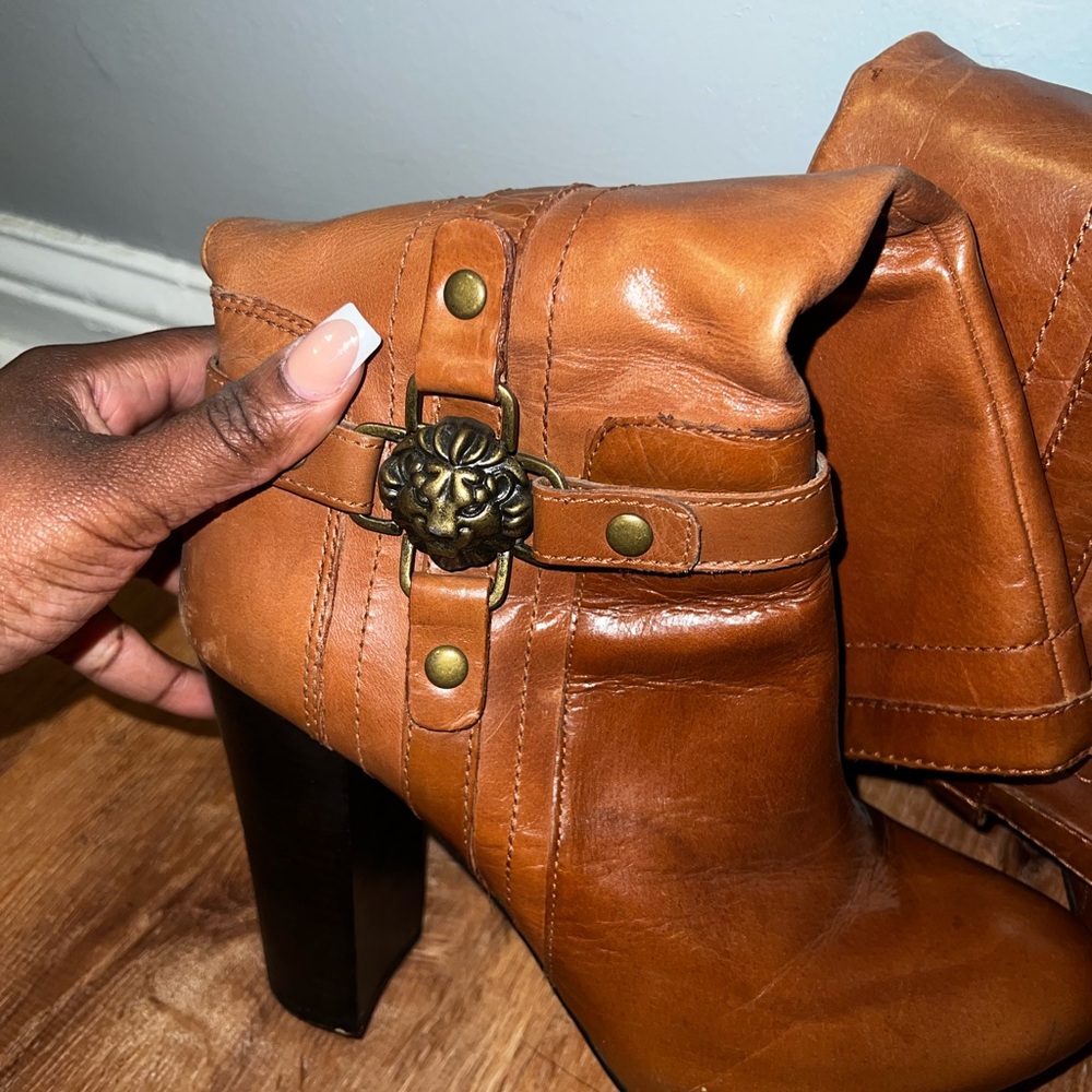 Anne Klein Brown Leather Chunky Heel Boots - Picture 5 of 6